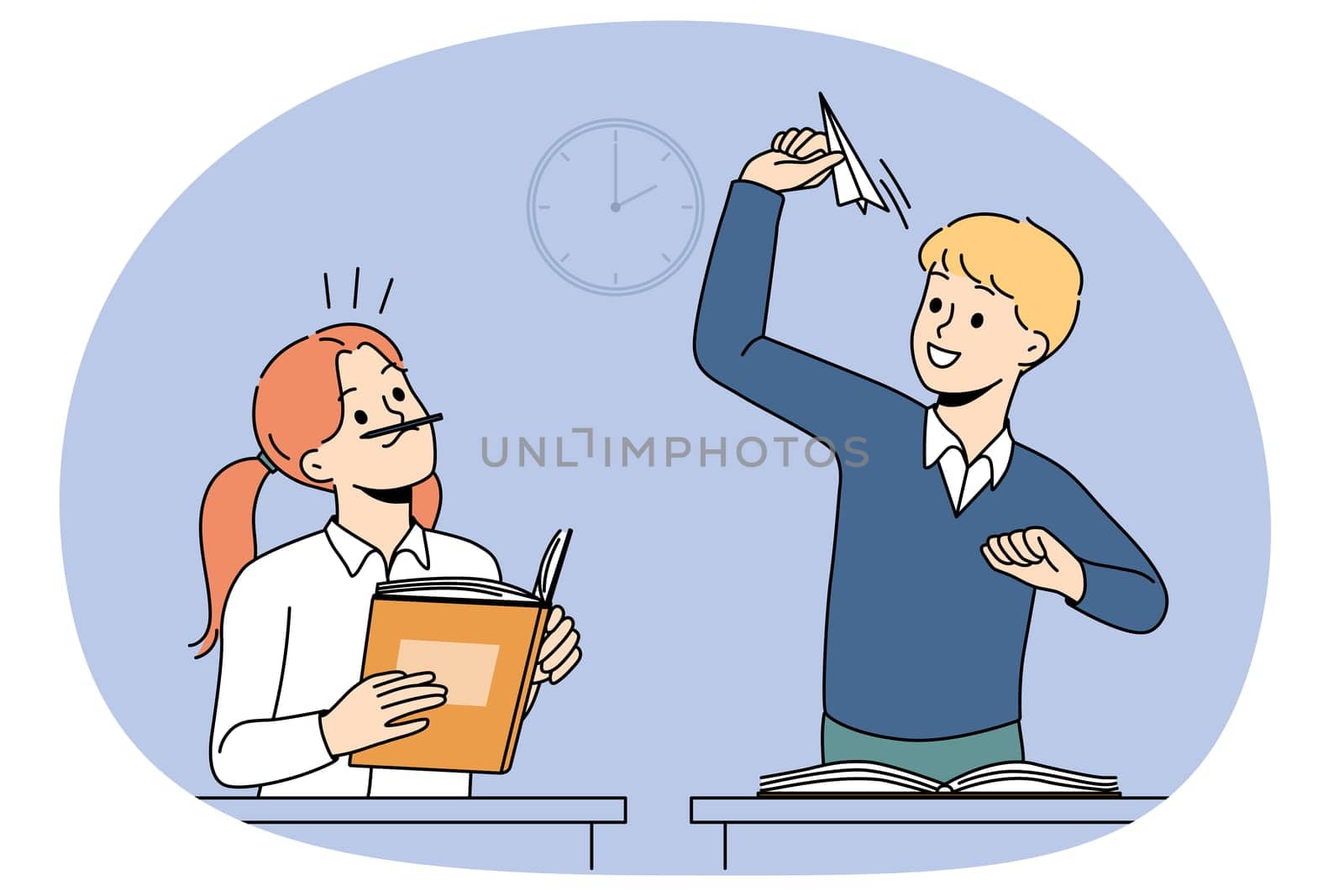 Happy kids playing at school class on break. Smiling children have fun throwing paper planes in classroom. School life and childhood. Vector illustration.