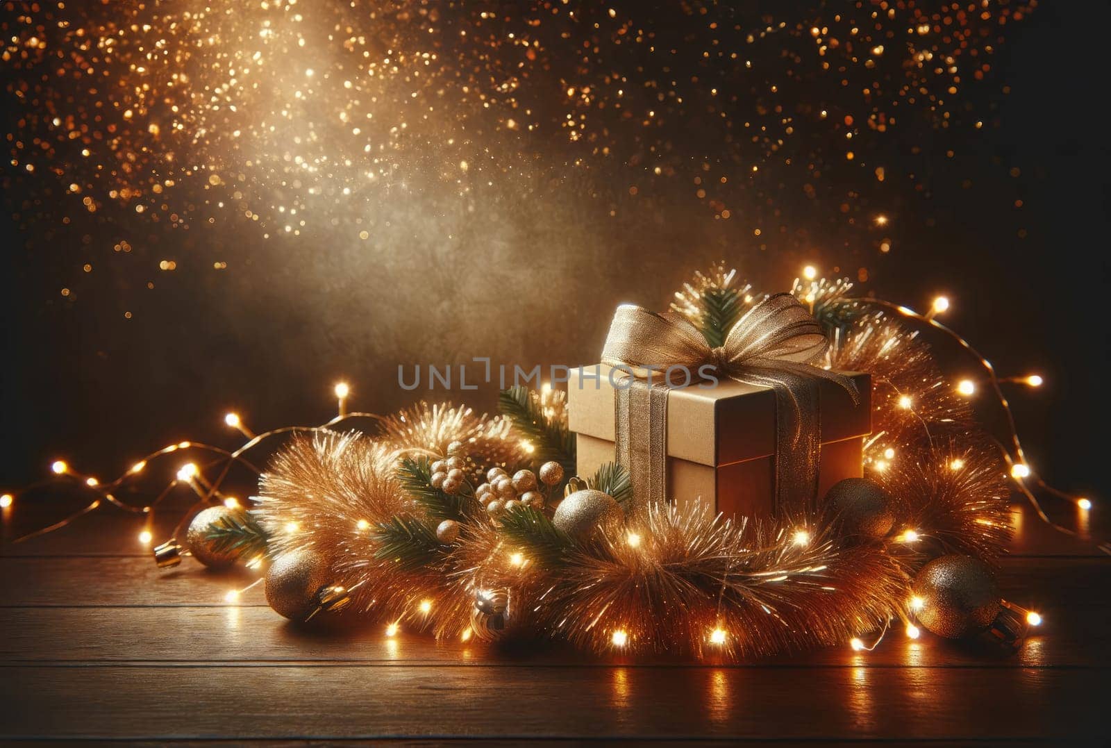 Elegant Christmas gift wrapped in silver paper and golden bow, surrounded by warm glowing lights and sparkling tinsel, set against a dark backdrop with shimmering golden bokeh effect