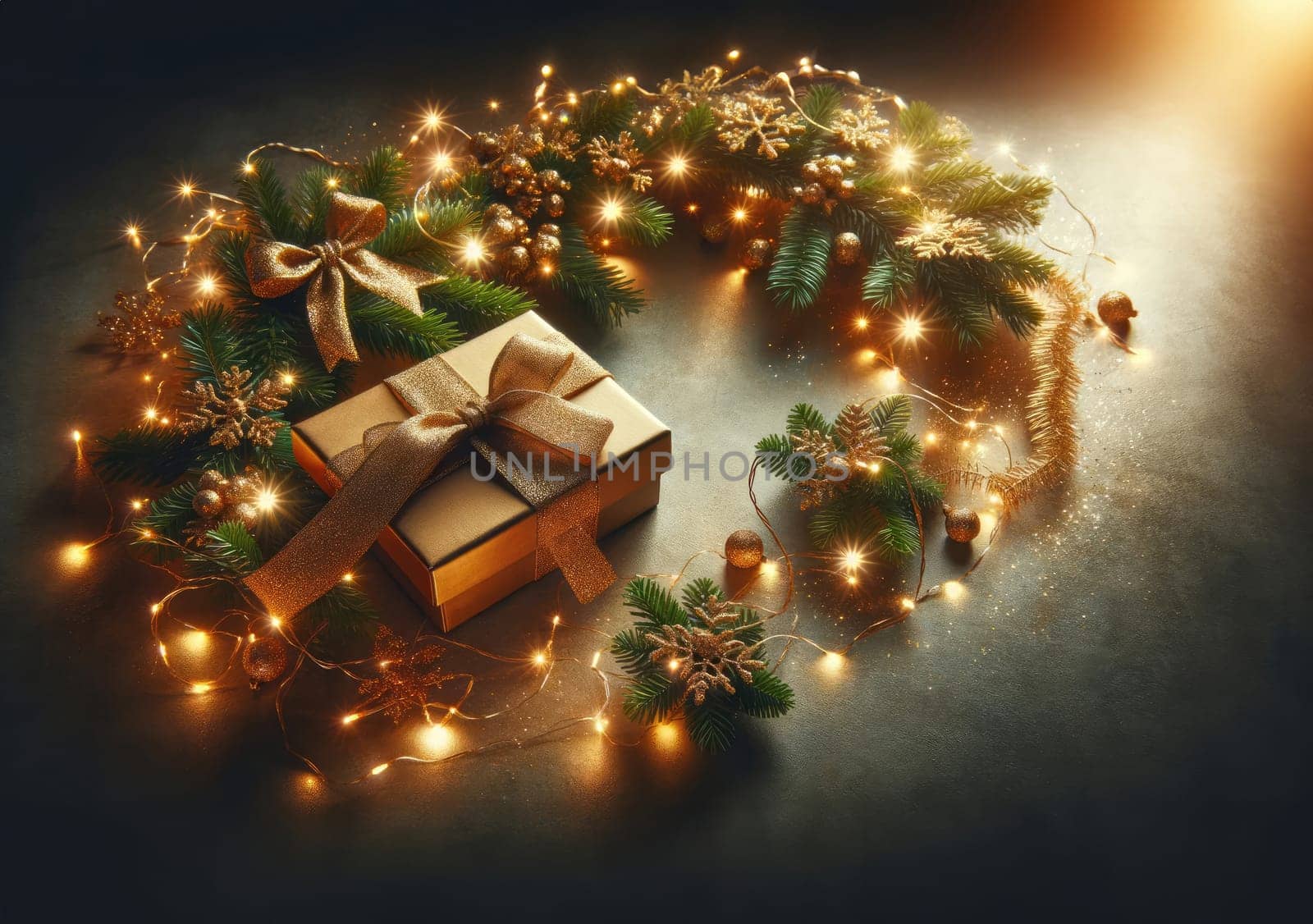Golden gift with sparkling ribbon amidst a Christmas wreath, highlighted by fairy lights, on a dark, glitter-dusted surface.