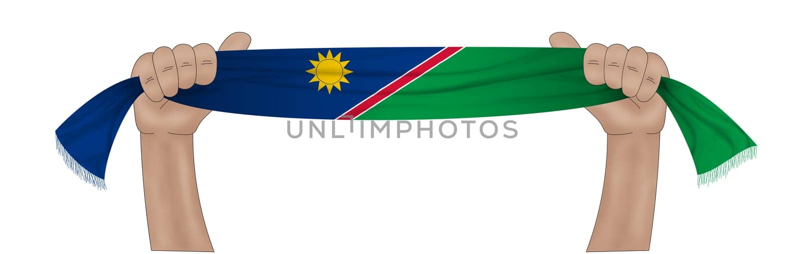 3D illustration. Hand holding flag of Namibia on a fabric ribbon background.