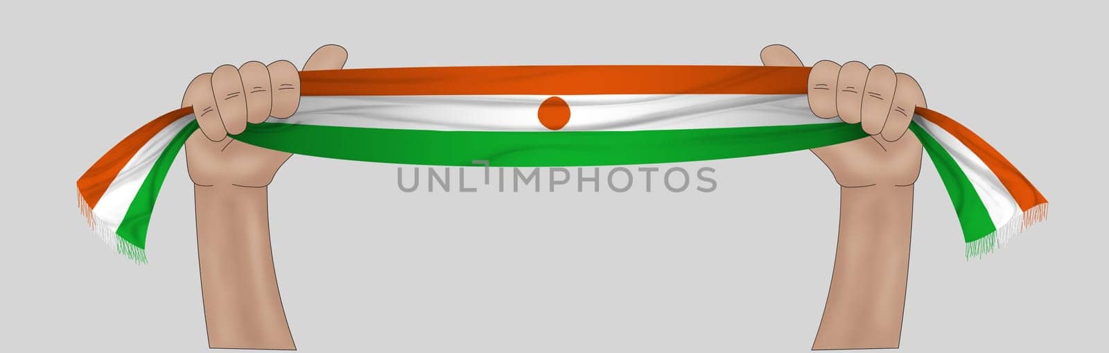 3D illustration. Hand holding flag of Niger on a fabric ribbon background.