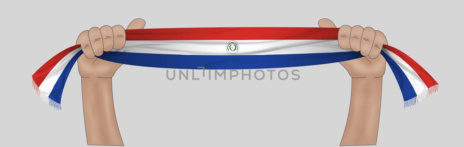 3D illustration. Hand holding flag of Paraguay on a fabric ribbon background.