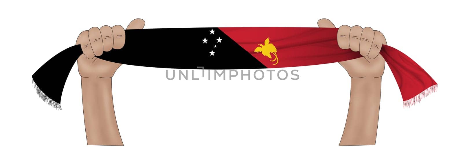 3D illustration. Hand holding flag of Papua New Guinea on a fabric ribbon background.