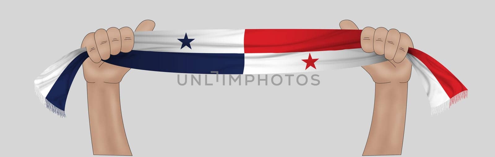 3D illustration. Hand holding flag of Panama on a fabric ribbon background.