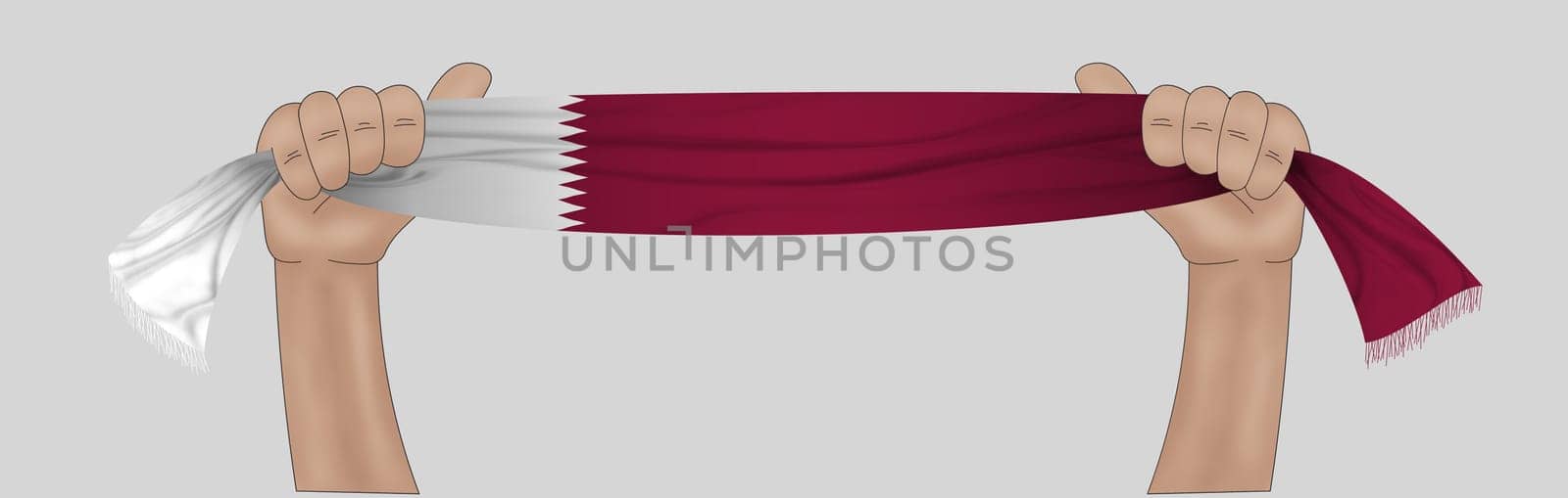 3D illustration. Hand holding flag of Qatar on a fabric ribbon background.