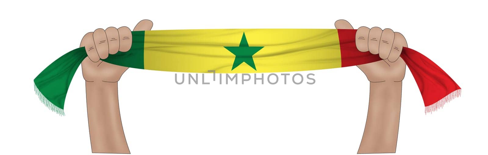 3D illustration. Hand holding flag of Senegal on a fabric ribbon background.