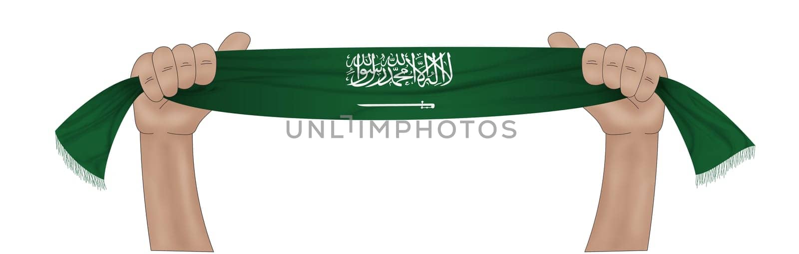3D illustration. Hand holding flag of Saudi Arabia on a fabric ribbon background.