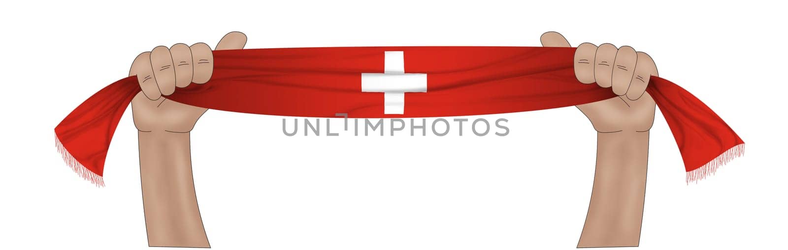 3D illustration. Hand holding flag of Switzerland on a fabric ribbon background.