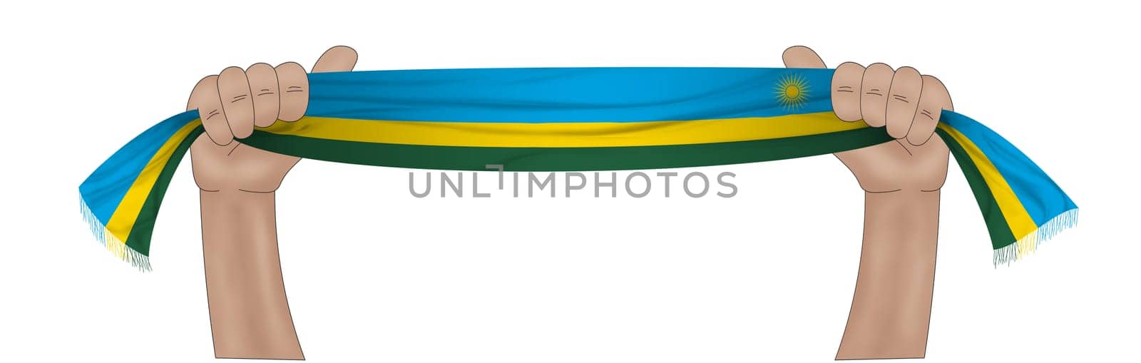 3D illustration. Hand holding flag of Rwanda on a fabric ribbon background.