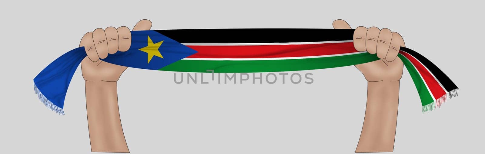 3D illustration. Hand holding flag of South Sudan on a fabric ribbon background.
