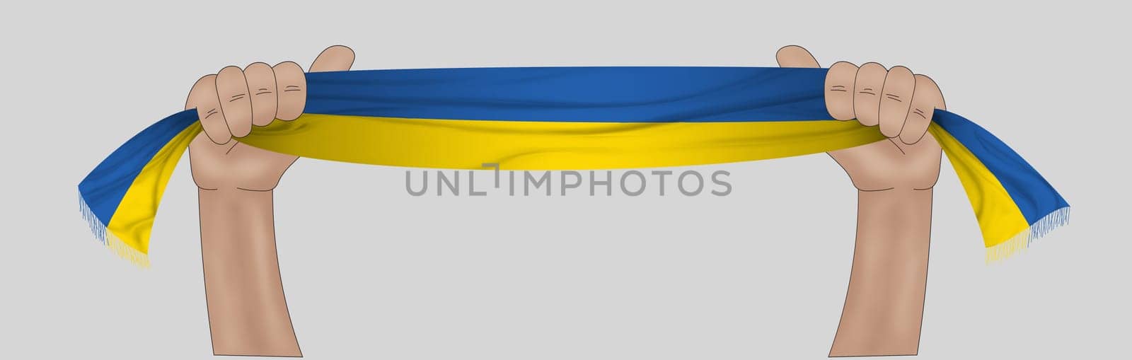 3D illustration. Hand holding flag of Ukraine on a fabric ribbon background.