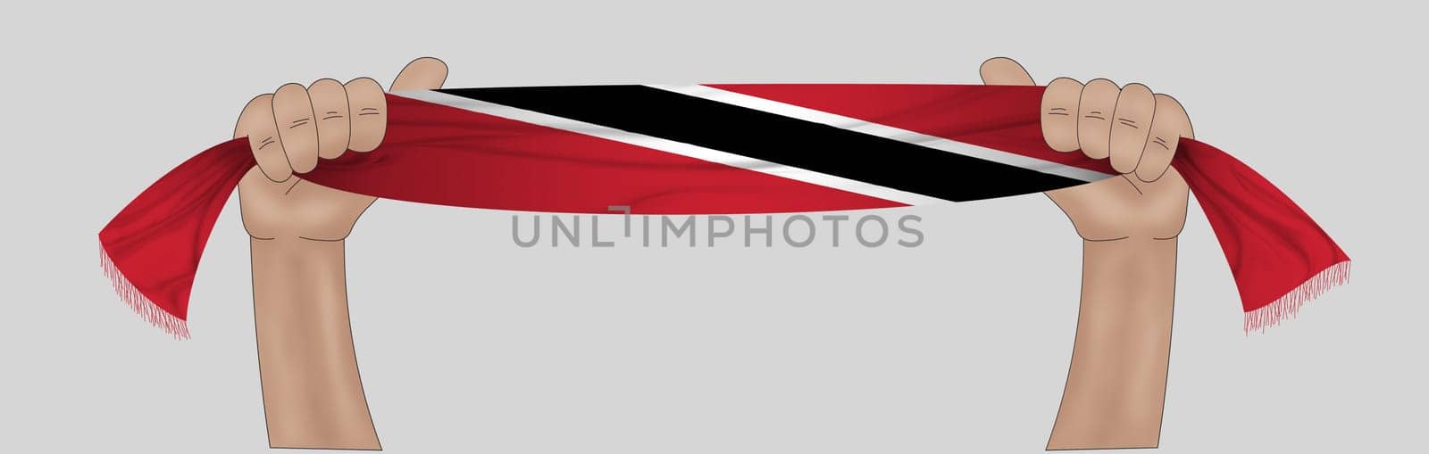 3D illustration. Hand holding flag of Trinidad and Tobago on a fabric ribbon background.