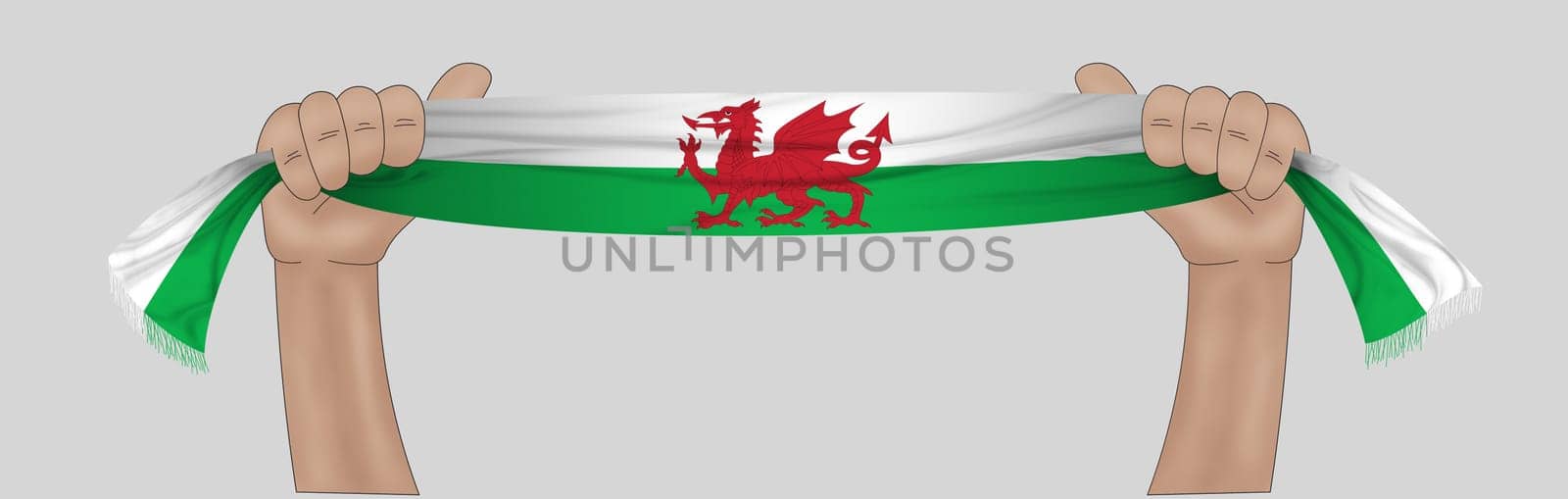 3D illustration. Hand holding flag of Wales on a fabric ribbon background.