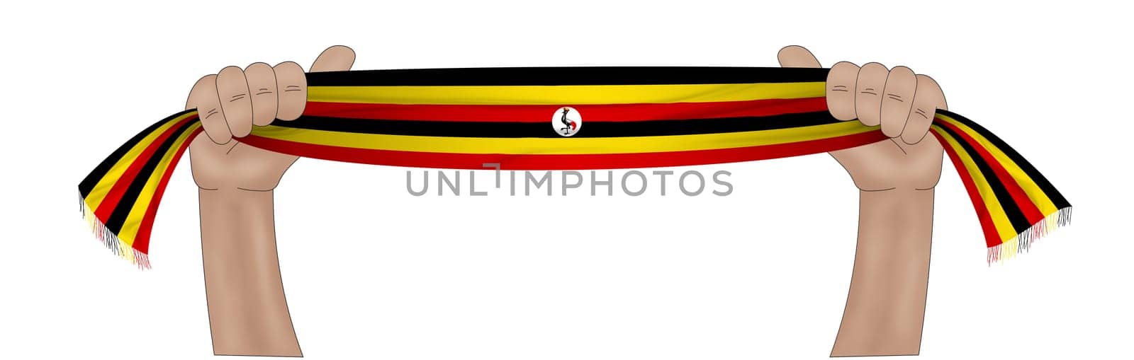 3D illustration. Hand holding flag of Uganda on a fabric ribbon background.