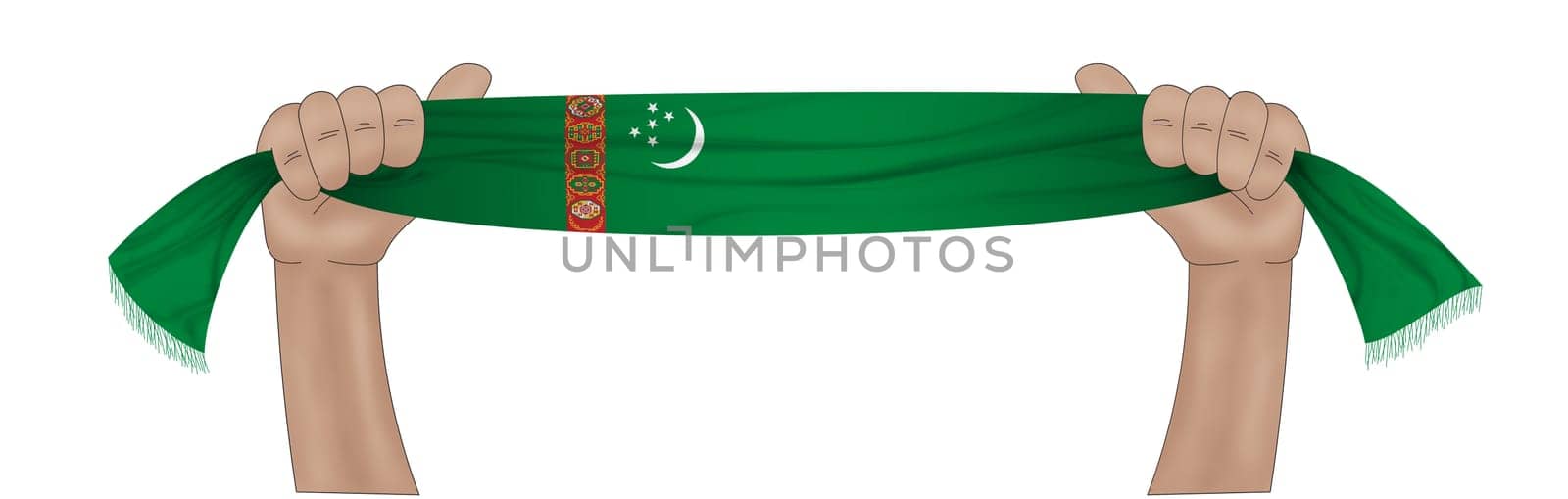 3D illustration. Hand holding flag of Turkmenistan on a fabric ribbon background.