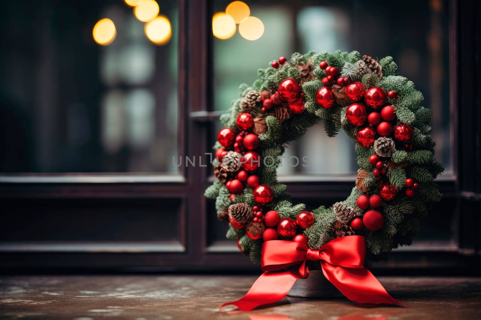 Christmas wreath with red bow, decor on building facade. Christmas festive decor, holiday winter fair. Merry Christmas. AI generated