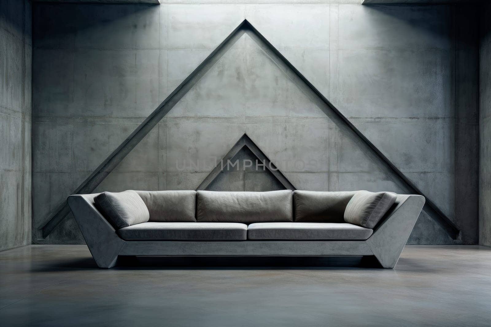 Modern sofa in a grey room with straight corners and edges, brutalist concrete abstract interior building. Grey  sofa in empty room with grey walls and concrete floor. AI generated