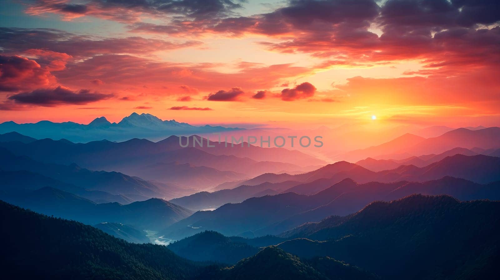 Picturesque panoramic view of mountain range under sundown in evening time. AI generated