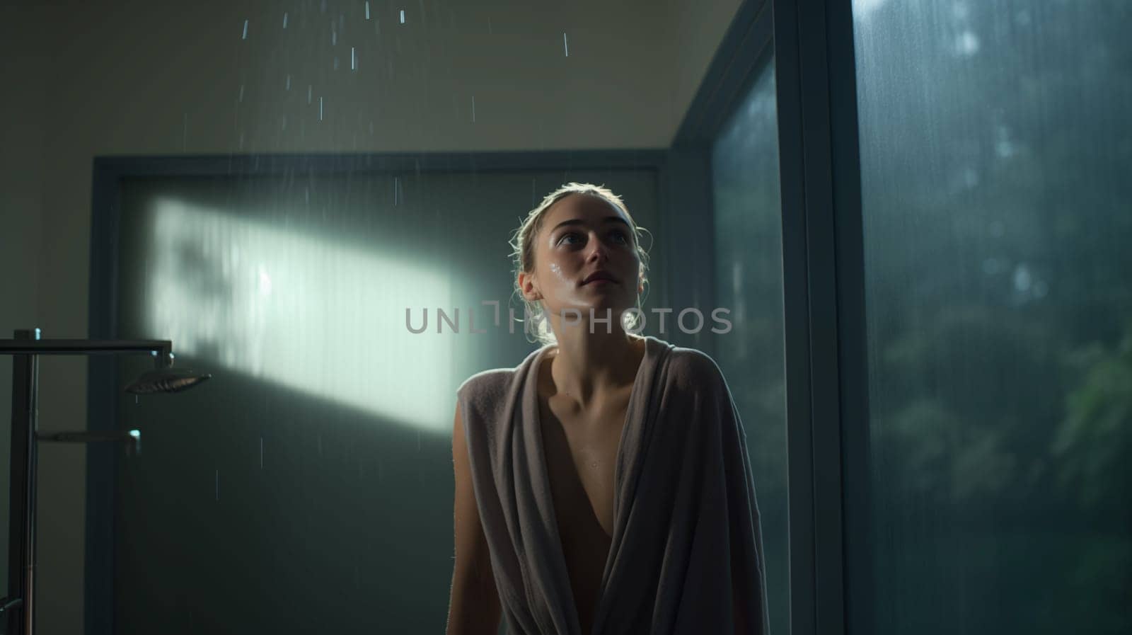 Woman after showering looking surprised