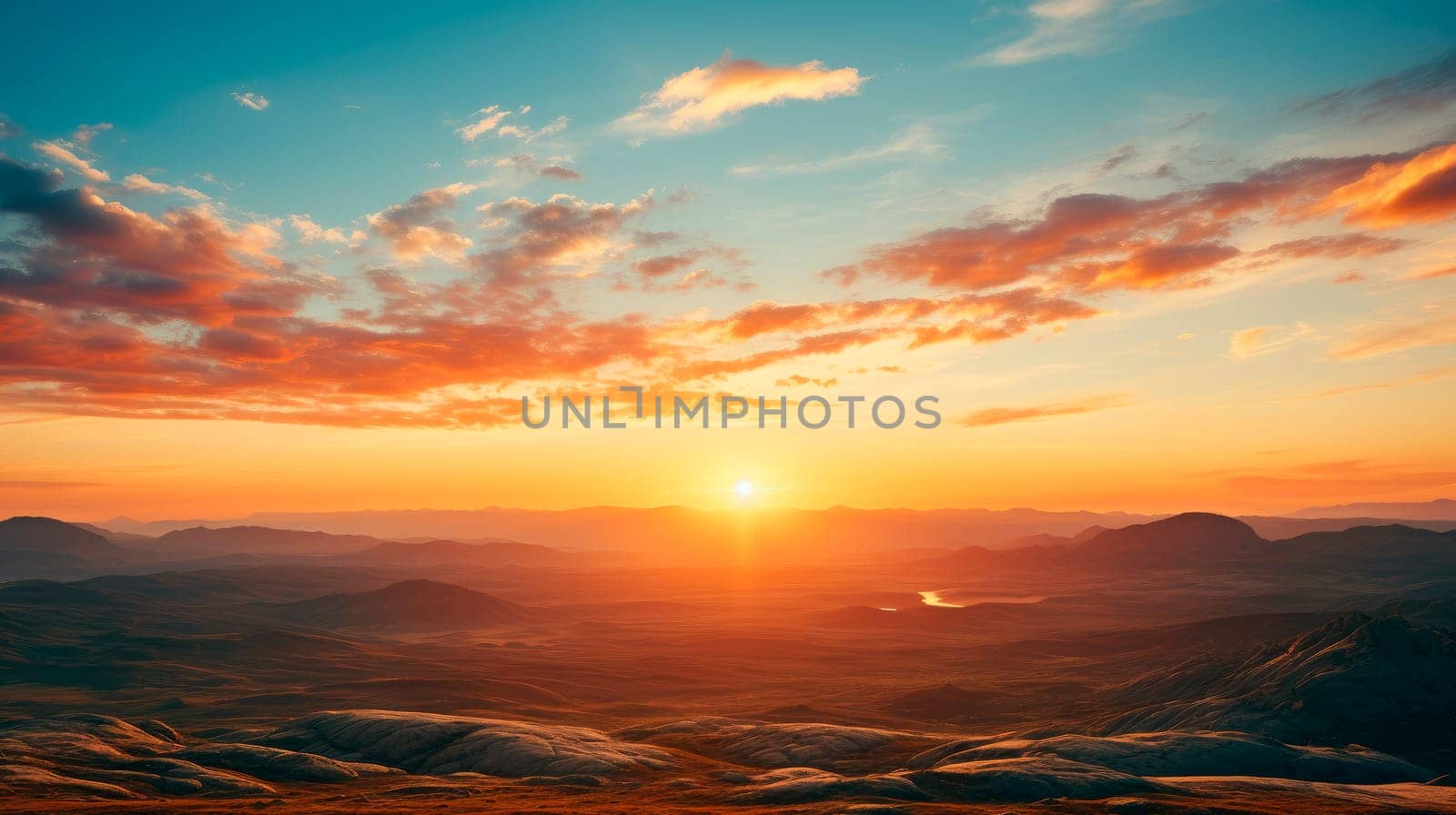 Beautiful landscape panoramic image of rural fields in mountains under cloudy sky in evening light. AI generated
