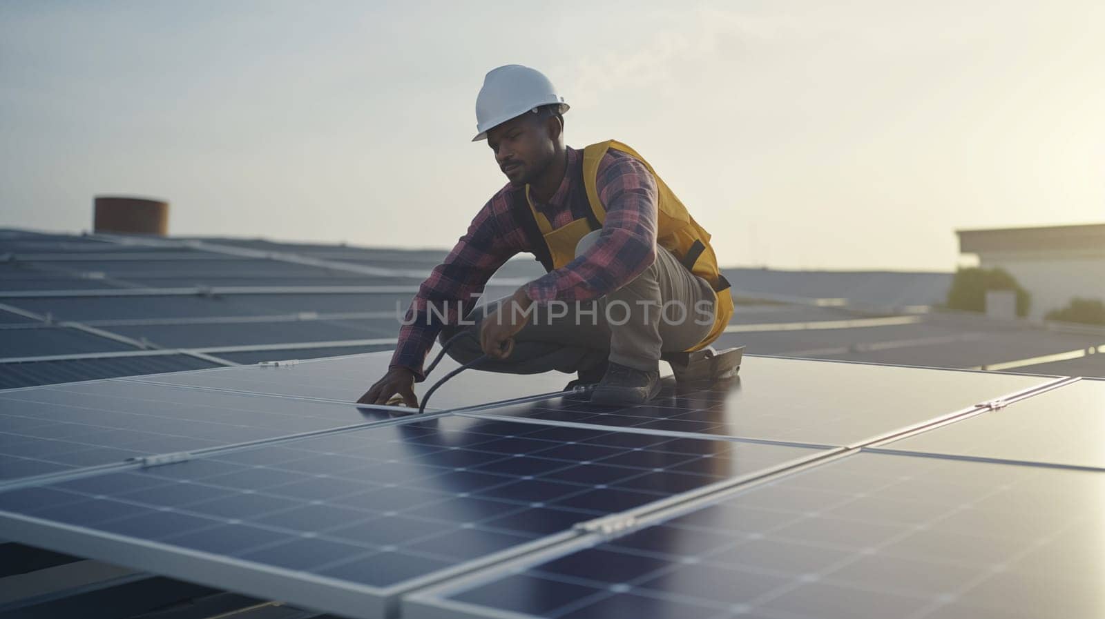 man worker fixes or mounting solar panels on the roof. detail shot. Sunlight, solar energy