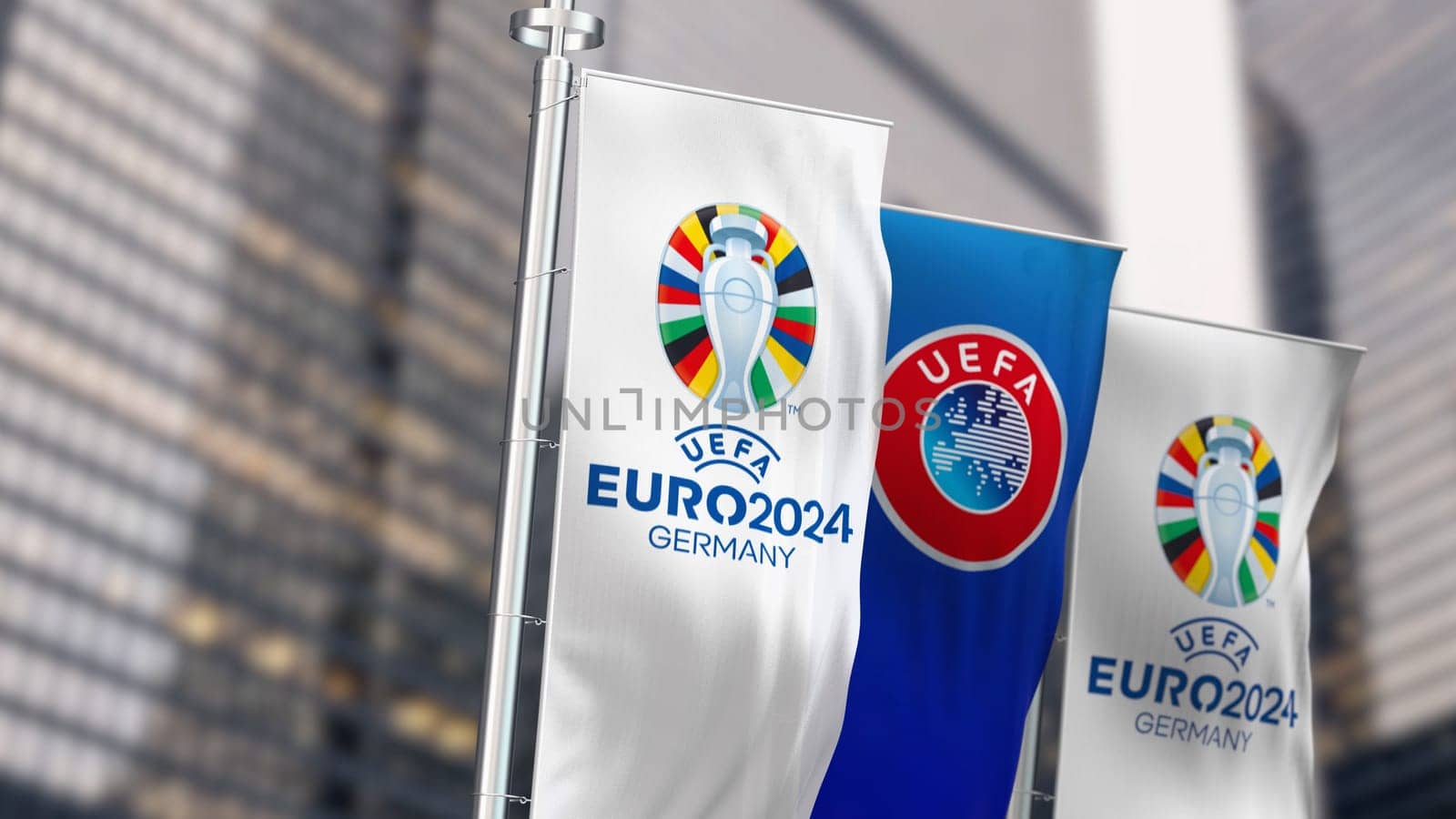 Berlin, DE, Oct. 30 2023: UEFA and UEFA Euro 2024 European Football Championship vertical banners waving on a clear day. International Sport event. Illustrative editorial 3d illustration render