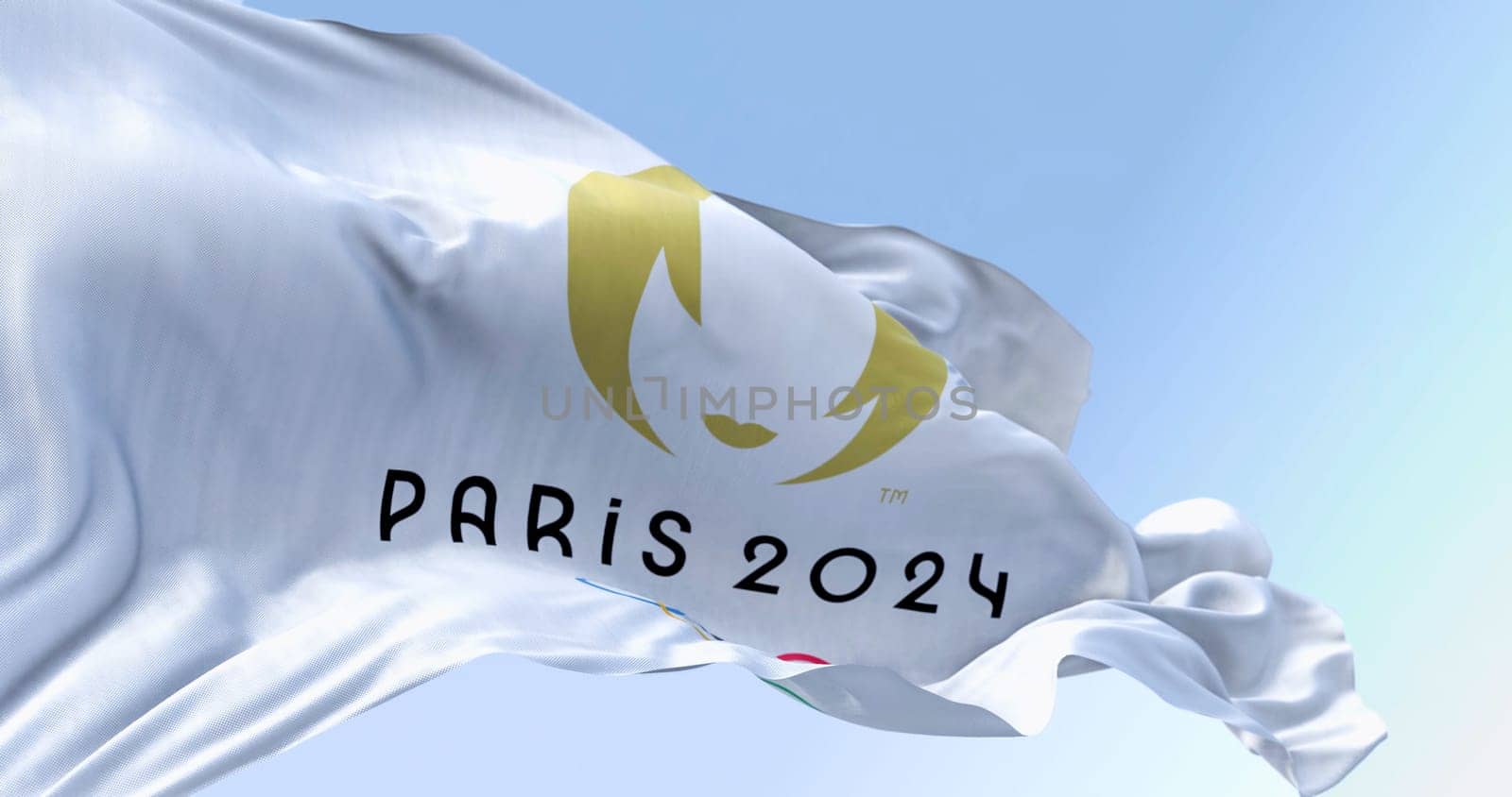 Paris, FR, Oct. 12 2023: Paris 2024 and the Olympics Games flags waving in the wind. International sporting event. Illustrative editorial 3d illustration render.
