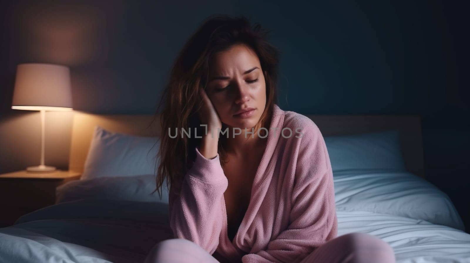 Woman suffering from depression in in bedroom. Sadness and burn out