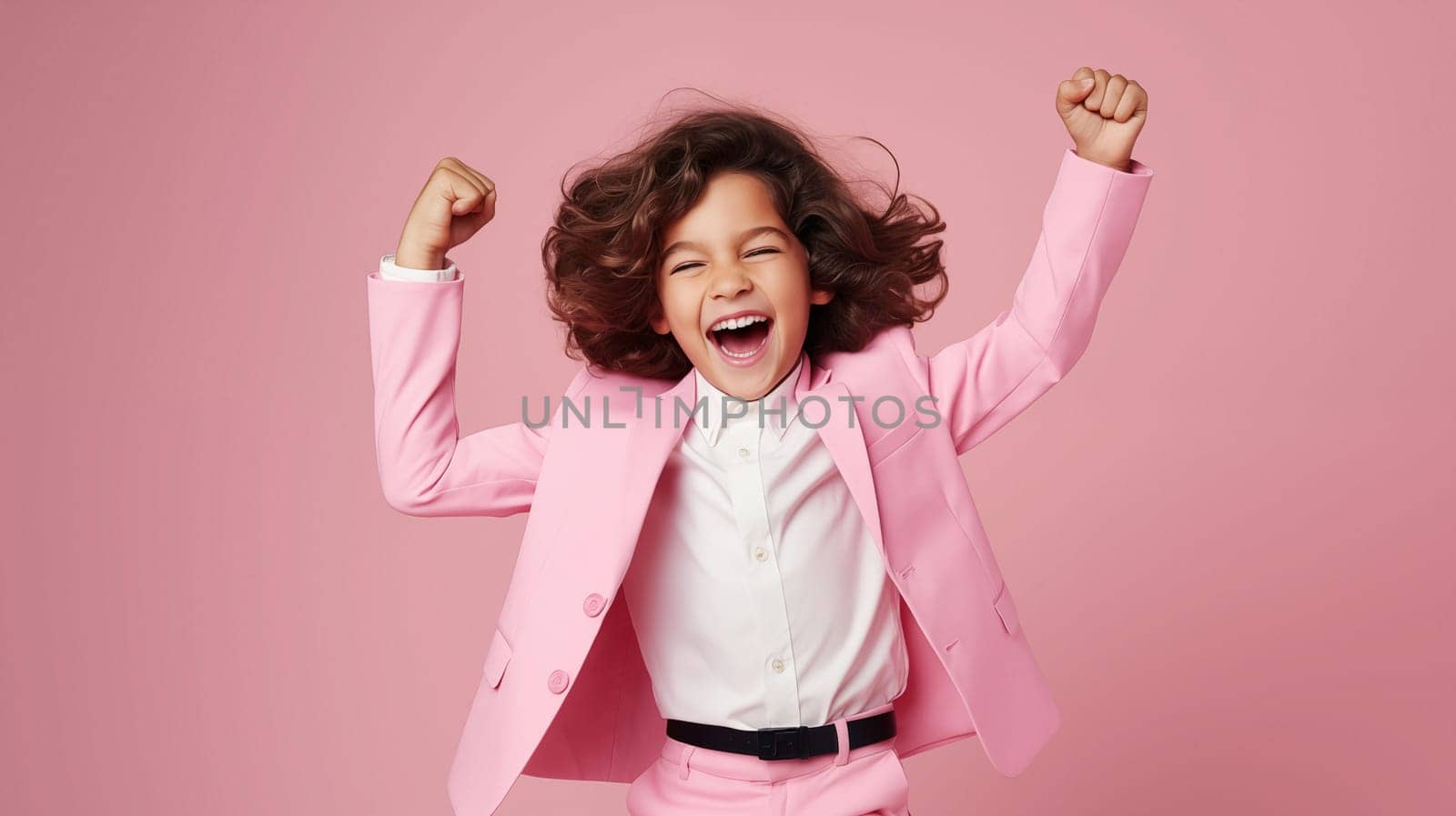 kids celebrating joy in pink, in the style of deconstructed tailoring, strong facial expression, vibrant colorist, smooth and shiny
