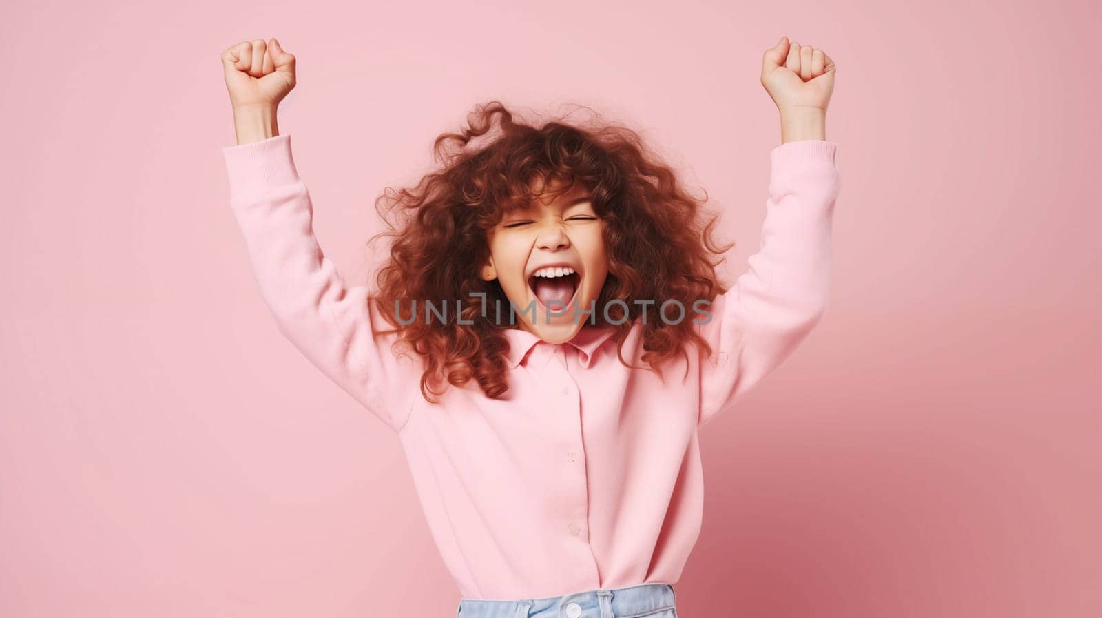 young girl in a pink suit standing on pink background, in the style of energetic and bold, princesscore, spirited portraits