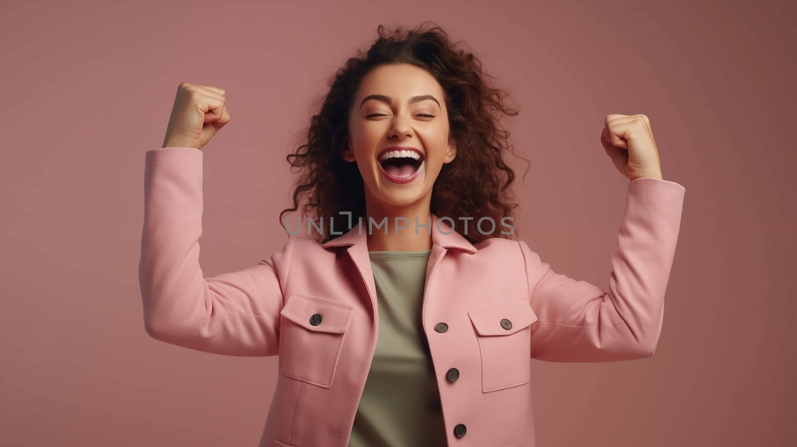 WOMAN in a pink suit standing on pink background, in the style of energetic and bold, princesscore, spirited portraits