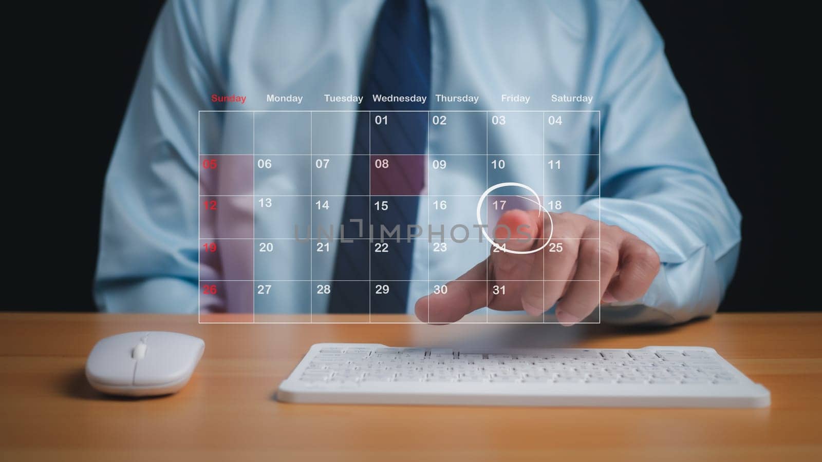 Businessman marking dates on virtual calendar, managing his business schedule, setting reminders for important appointments, creative collage for planning ideas, appointment scheduler