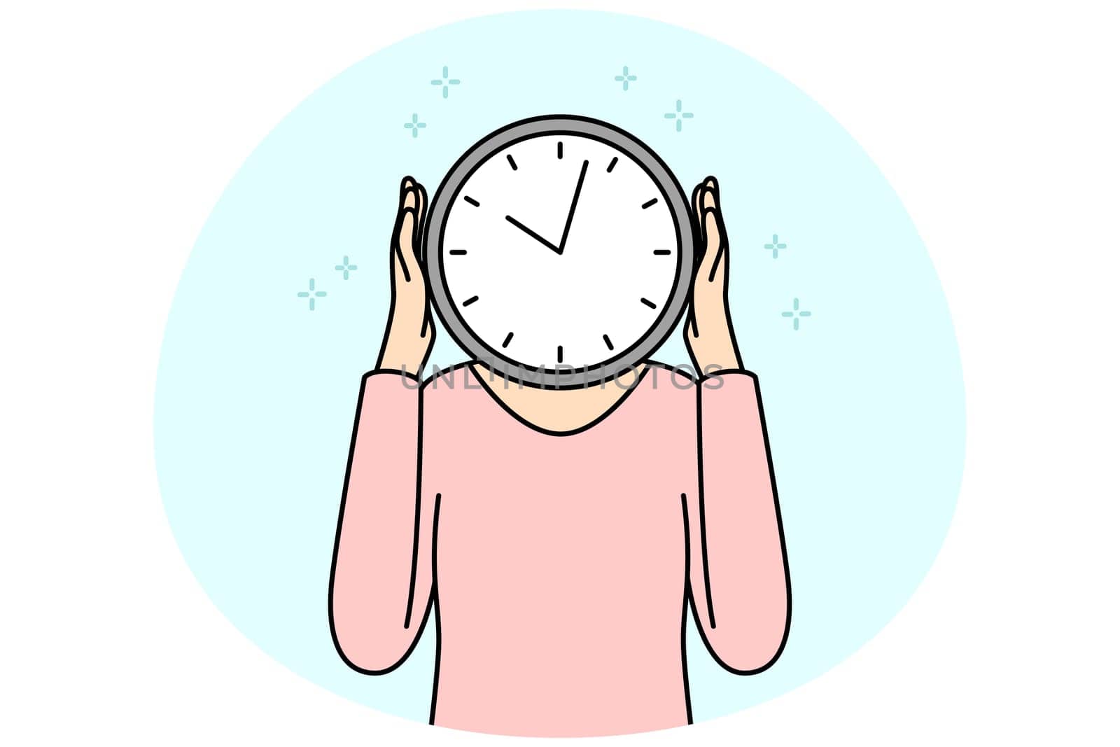 Person with clock instead of head. Man or woman with watch worried about missed deadline. Time management. Vector illustration.