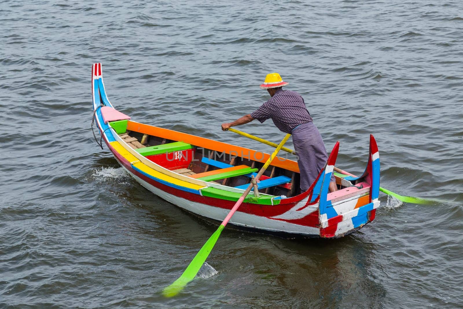 The Inle Lake. Myanmar: 17 August 2020: Burmese fisherman at Inle lake Myanmar. Inle Lake is a freshwater lake located in Shan state