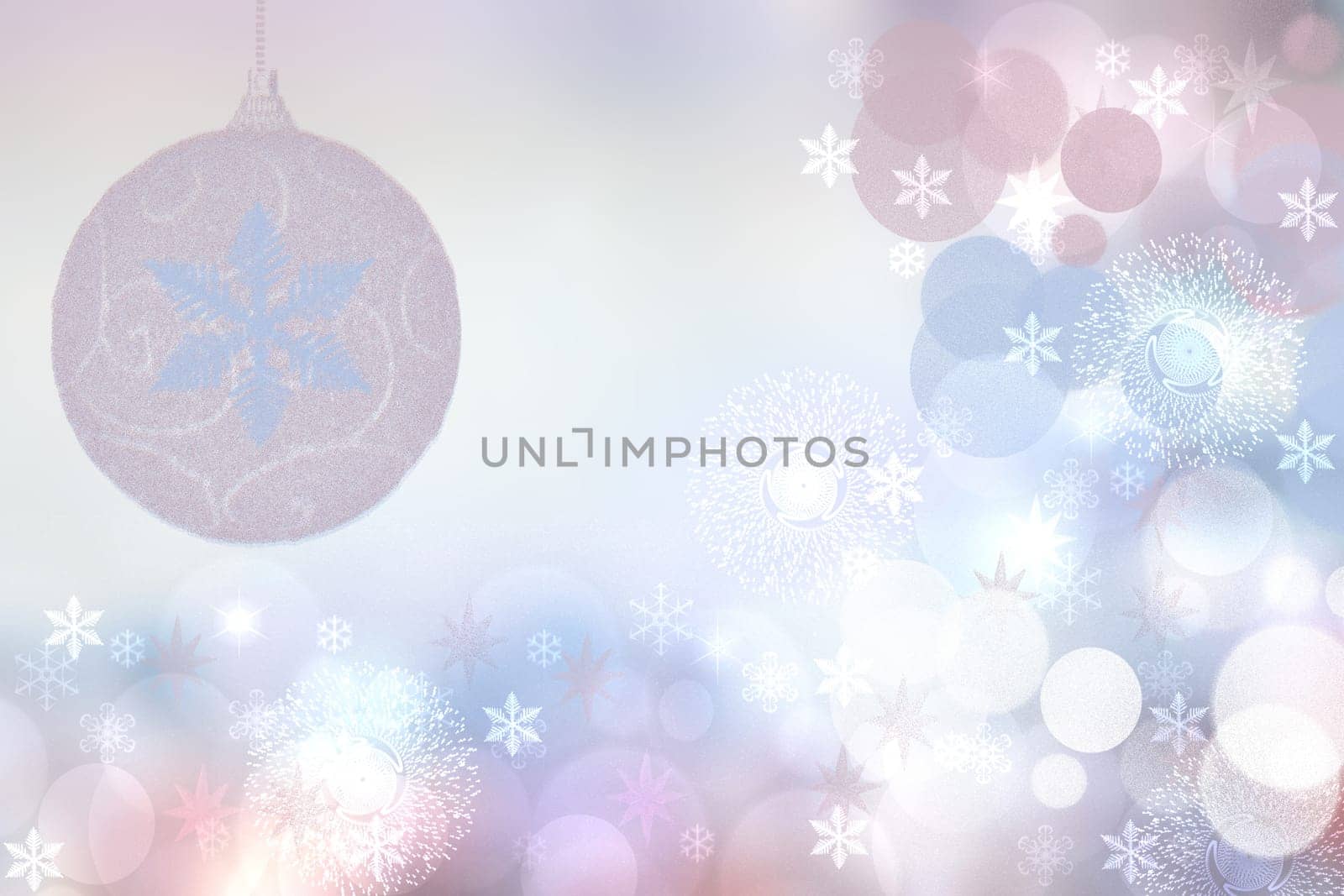 Abstract blurred festive winter christmas or Happy New Year background with shiny pink and blue bokeh lighted xmas balls and stars. Space for your design. Card concept.
