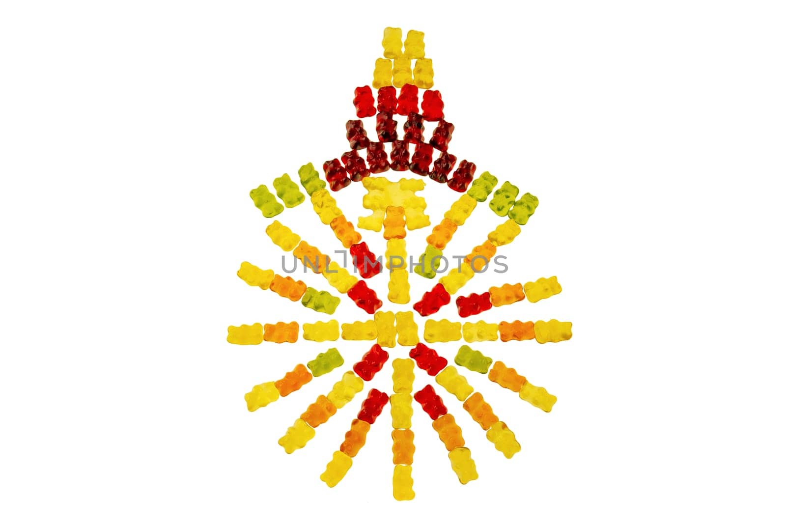 Gummy bears. Circle of fruity gummy bears with rainbow colors isolated on white. The top of the circle is a manufacturing error of gummy bears. Teddy bear circle.