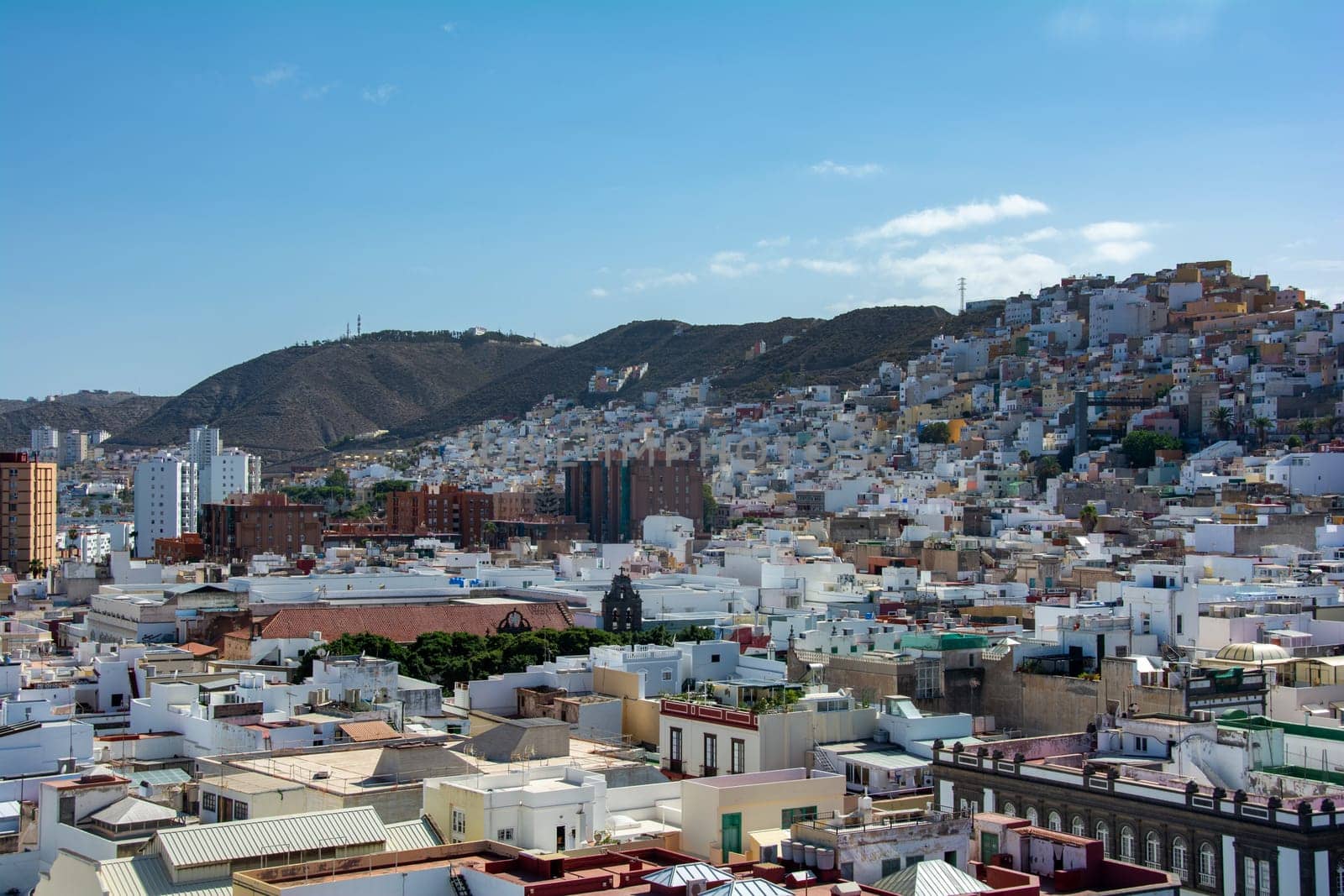 Panoramic top view of the capital Las Palmas Gran Canaria in Spain with blue sky