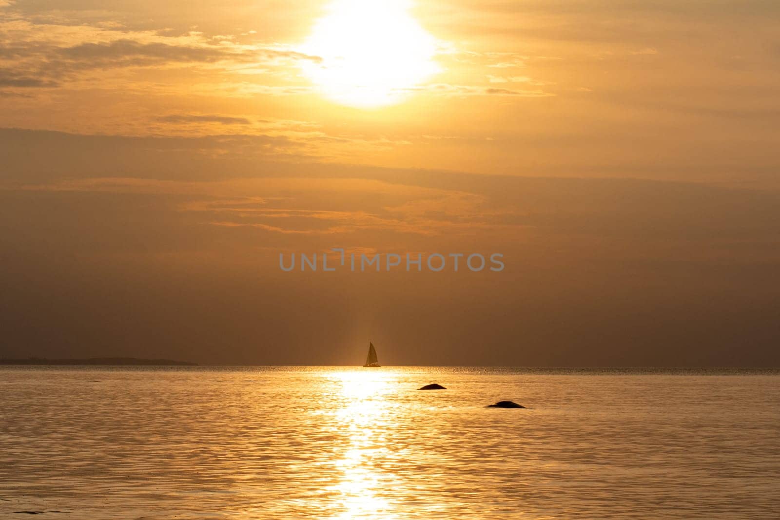 Beautiful orange sunset over the sea, a ship on the horizon