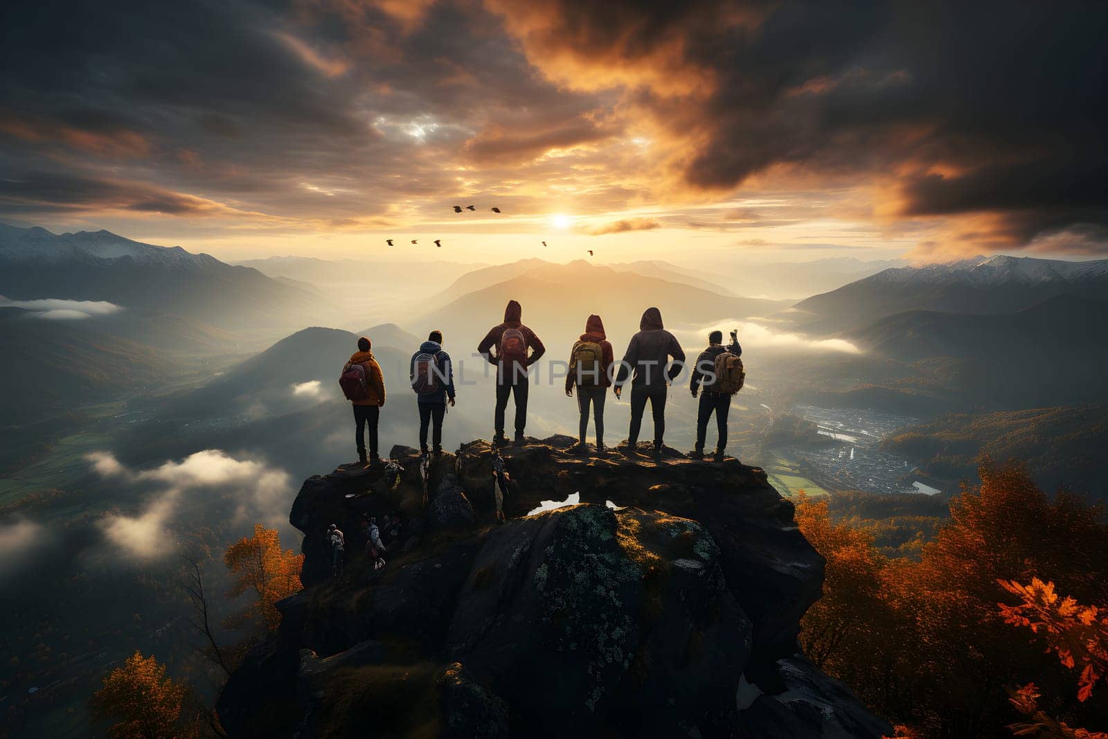 Group of 6 people were standing on the top of a mountain. Admire the beauty of the morning sun Proud of their success in overcoming obstacles and reaching the top as a whole team. Shows good teamwork.