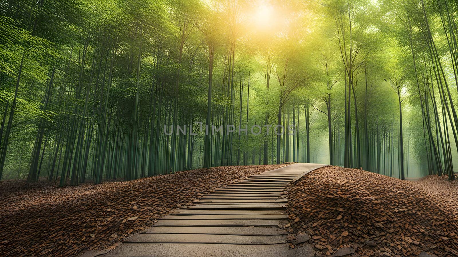 The nice view of green bamboo with road to the end