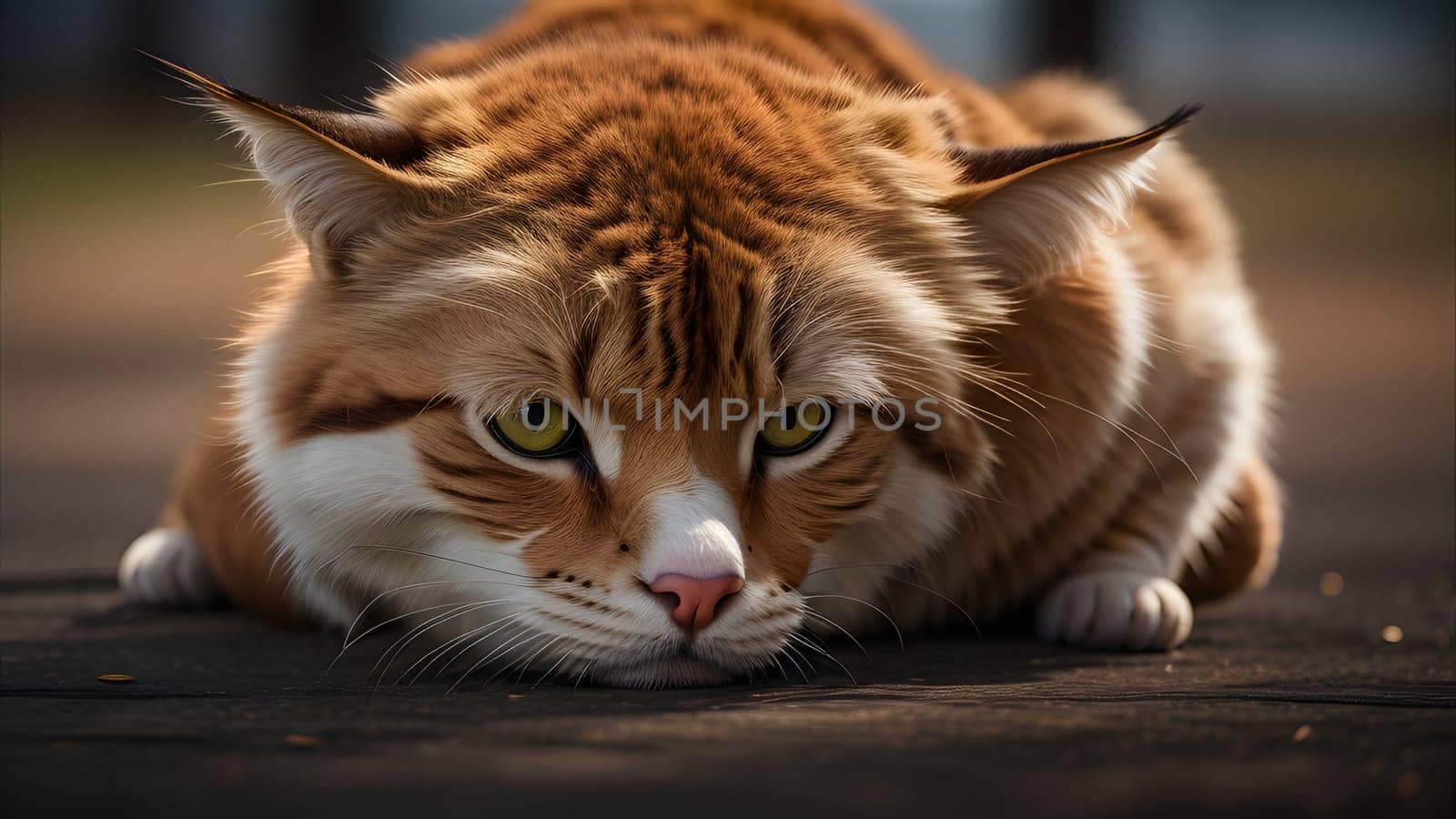 The cute cat wear glassess laying on the floor