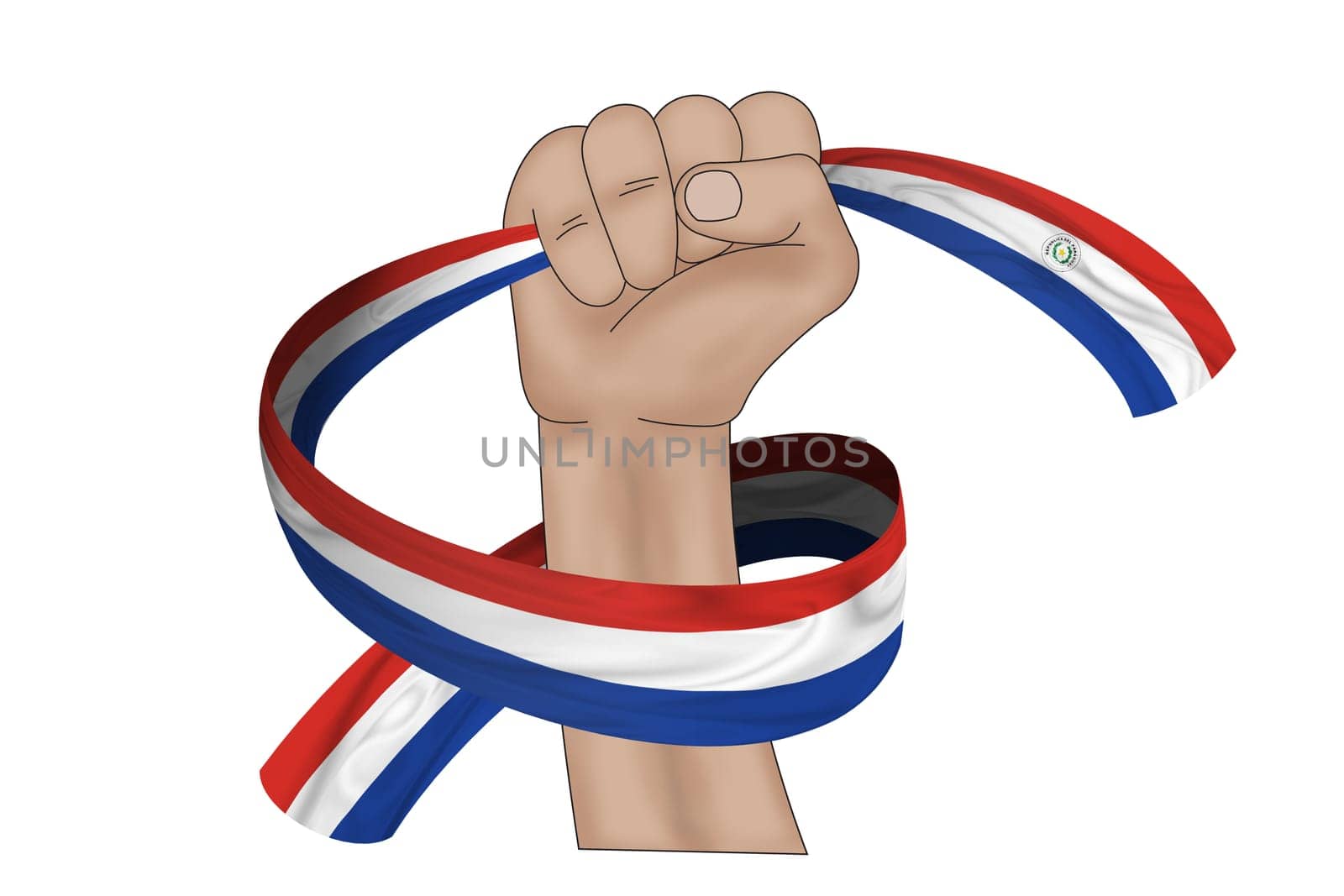 3D illustration. Hand holding flag of Paraguay on a fabric ribbon background.