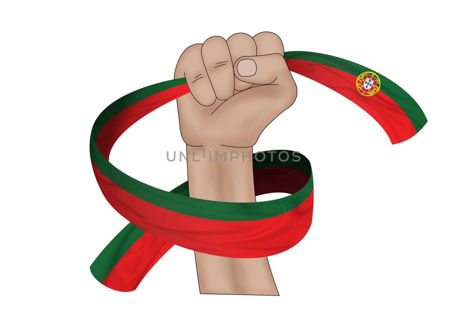 3D illustration. Hand holding flag of Portugal on a fabric ribbon background.