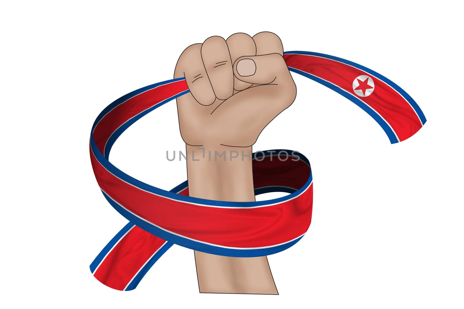 3D illustration. Hand holding flag of North Korea on a fabric ribbon background.