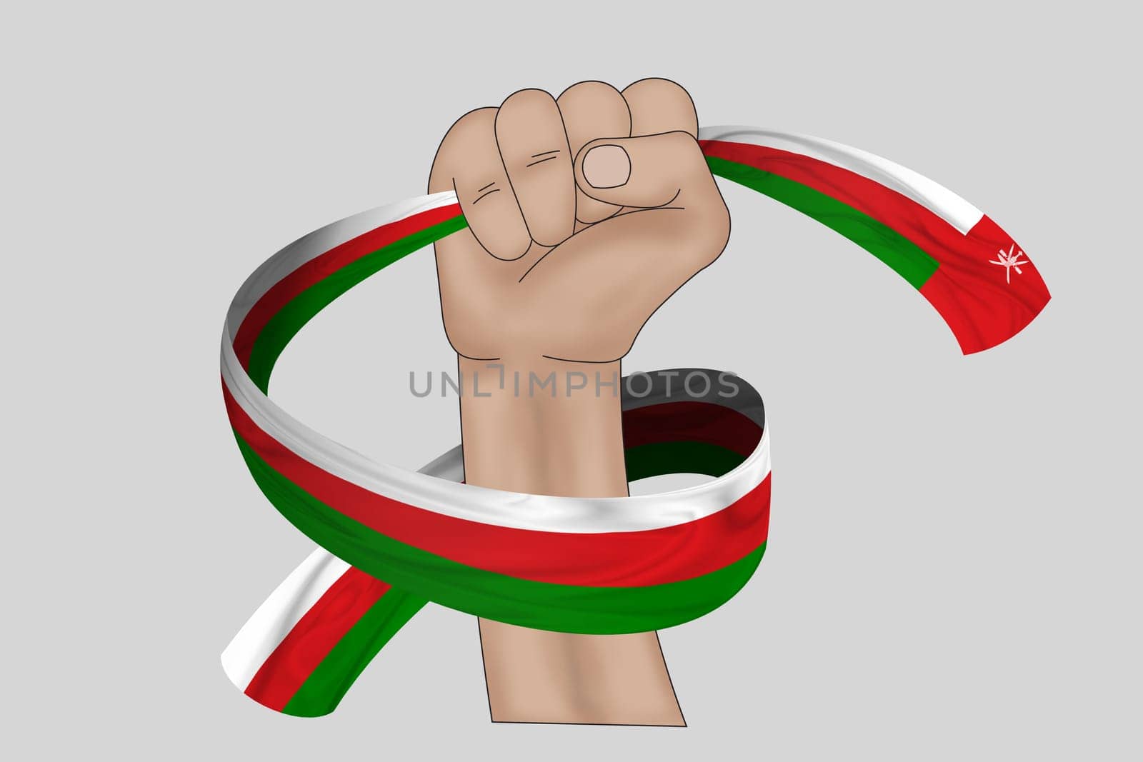 3D illustration. Hand holding flag of Oman on a fabric ribbon background.
