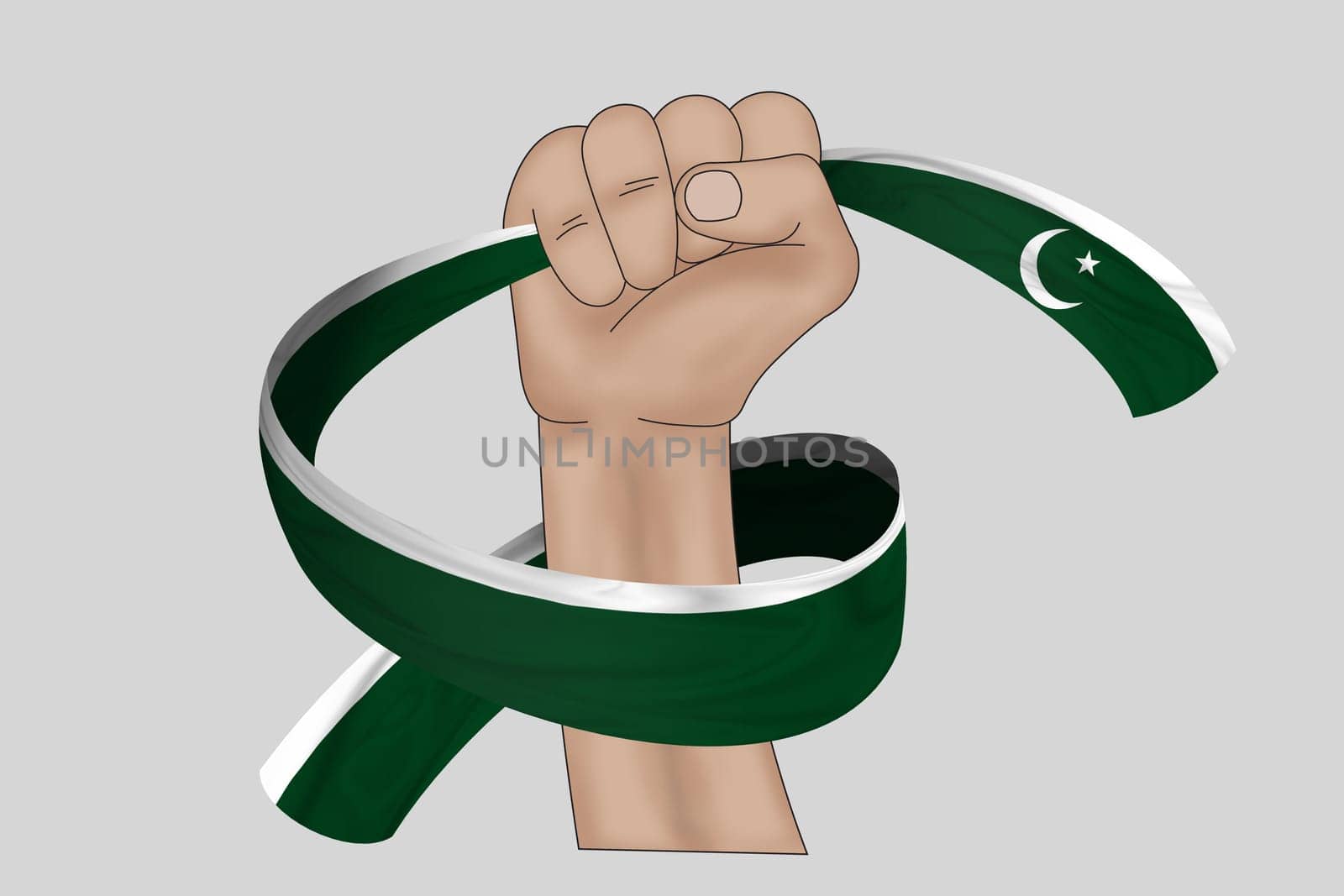 3D illustration. Hand holding flag of Pakistan on a fabric ribbon background.