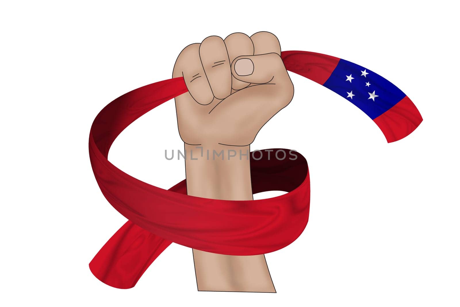 3D illustration. Hand holding flag of Samoa on a fabric ribbon background.