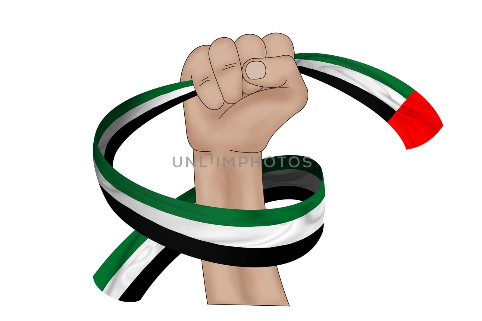 3D illustration. Hand holding flag of United Arab Emirates on a fabric ribbon background.
