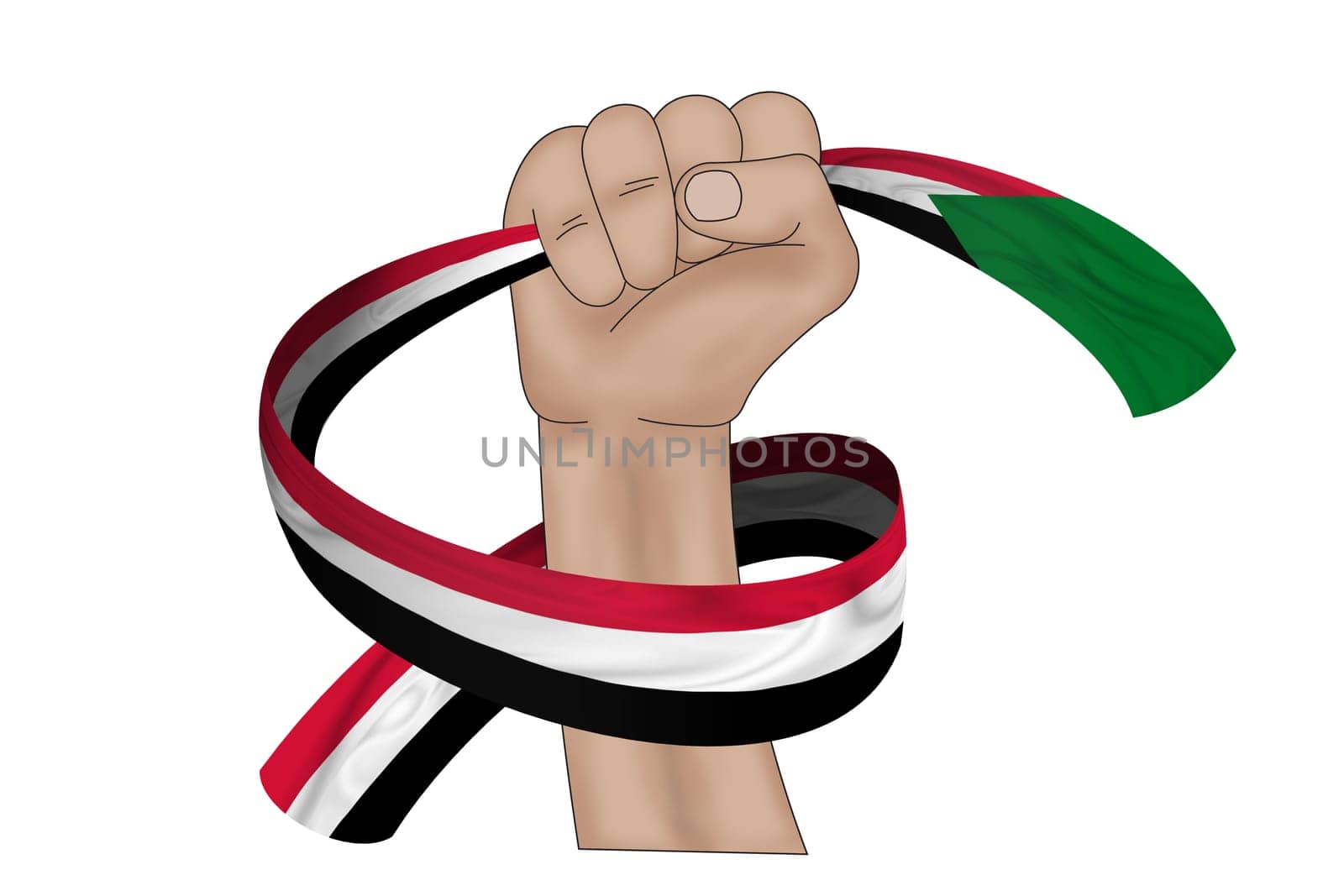 3D illustration. Hand holding flag of Sudan on a fabric ribbon background.