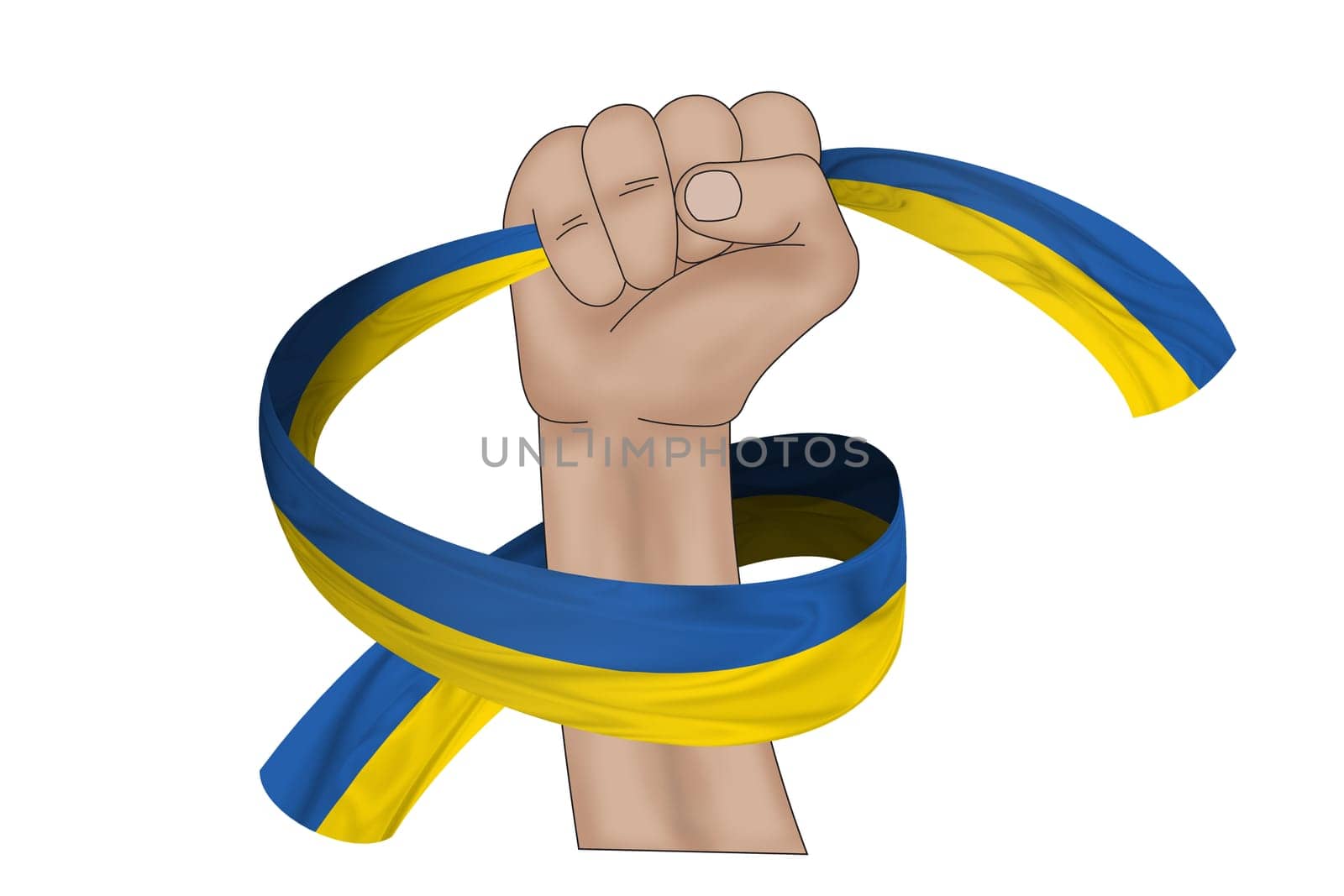 3D illustration. Hand holding flag of Ukraine on a fabric ribbon background.